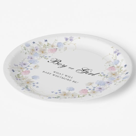 ピンクとブルーのワイルドフラワーボーイまたはガールジェンダーのリビール ペーパープレート (アングル)