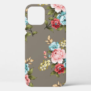 ピンクとブルーのヴィンテージと緑とクリームの花 iPhone 12ケース