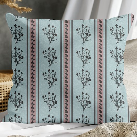 ピンクとブルーのヴィンテージフローラパタストライプーン クッション