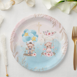 ピンクとブルーの双子のテディベアのスイング ゴールドクロス ペーパープレート