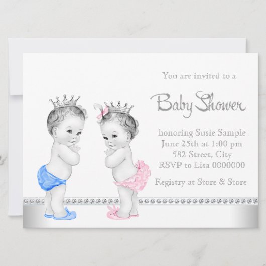 ピンクとブルーの双子の赤ちゃんシャワー 招待状 (正面)