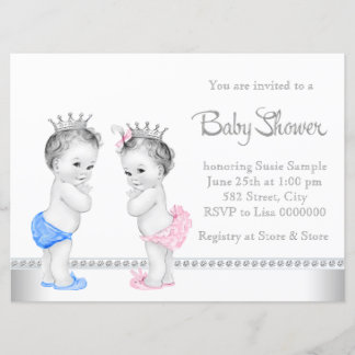ピンクとブルーの双子の赤ちゃんシャワー 招待状