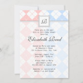 ピンクとブルーの双子アーガイル赤モノグラムのちゃんシャワー 招待状 (正面)