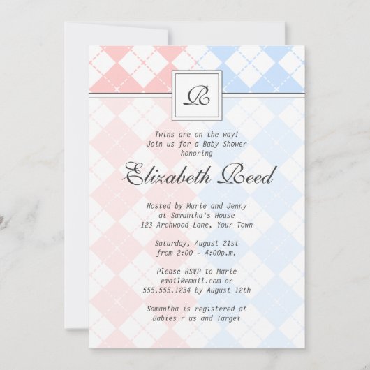 ピンクとブルーの双子アーガイル赤モノグラムのちゃんシャワー 招待状 (正面)