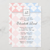 ピンクとブルーの双子アーガイル赤モノグラムのちゃんシャワー 招待状 (正面/裏面)