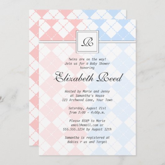 ピンクとブルーの双子アーガイル赤モノグラムのちゃんシャワー 招待状 (正面/裏面)
