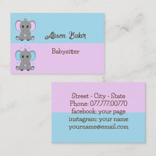 ピンクとブルーの可愛いベビーゾウ – ベビーシッター 名刺 (正面/裏面)