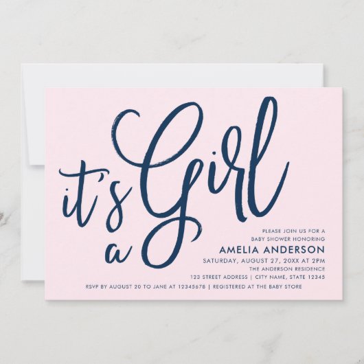 ピンクとブルーの台本ガールベビーシャワー 招待状 (正面)