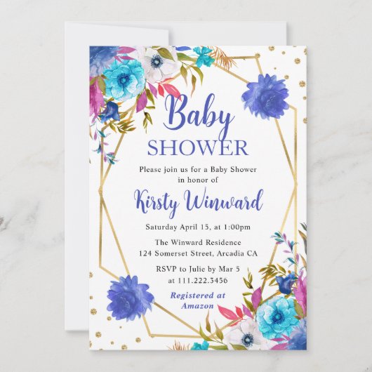 ピンクとブルーの夏の花のフレーム ベビーシャワー 招待状 (正面)