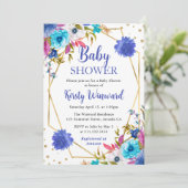 ピンクとブルーの夏の花のフレーム ベビーシャワー 招待状 (スタンド正面)