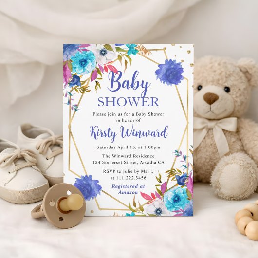 ピンクとブルーの夏の花のフレーム ベビーシャワー 招待状
