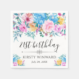 ピンクとブルーの夏の花の誕生日パーティー スタンダードカクテルナプキン