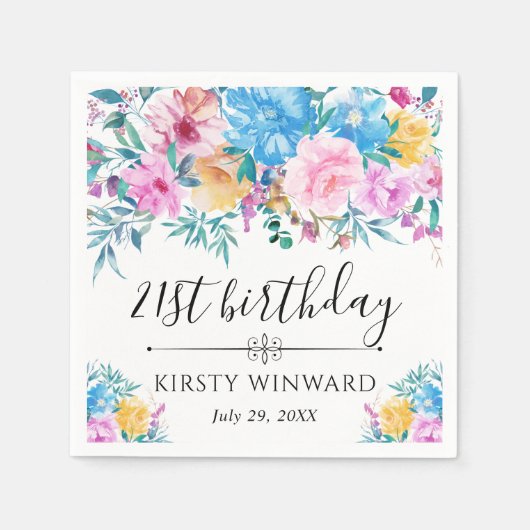 ピンクとブルーの夏の花の誕生日パーティー スタンダードカクテルナプキン (正面)