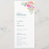 ピンクとブルーの夏の花をモチーフにした、鮮やかなブライダル ウェディングのプログラムカード プログラム (正面)