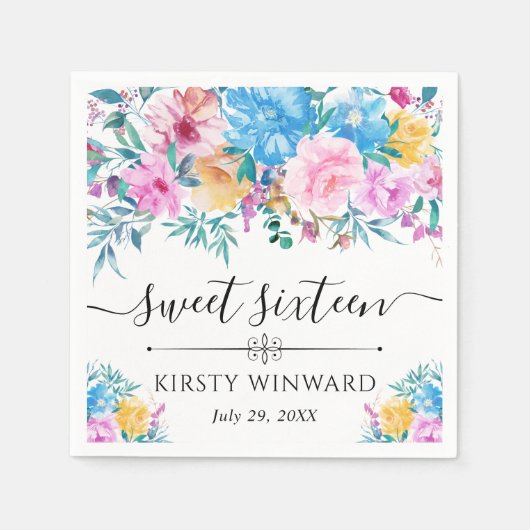 ピンクとブルーの夏の花Sweet sixteen スタンダードカクテルナプキン (正面)
