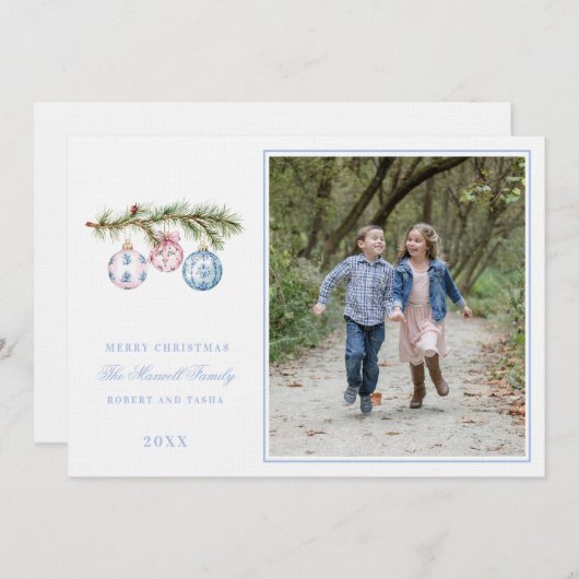 ピンクとブルーの大千年紀クリスマスオーナメント 招待状 (正面/裏面)