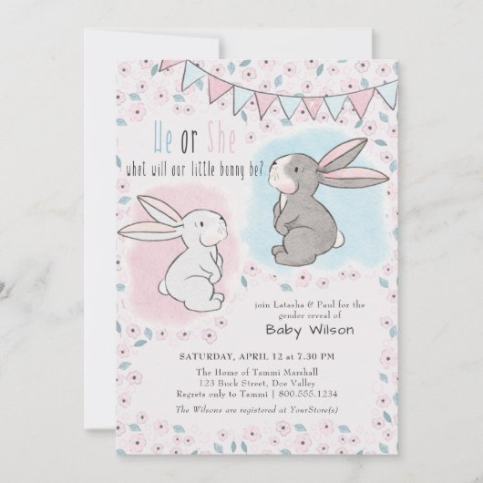 ピンクとブルーの小さなバニーの性別を明かす 招待状 (正面)