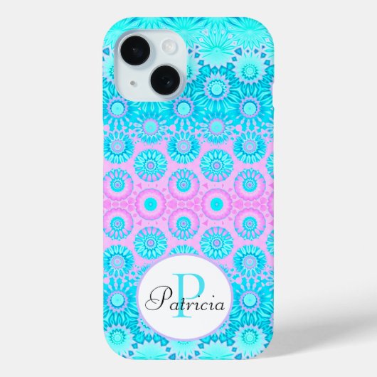 ピンクとブルーの幾何学フラワー カスタムモノグラム Case-Mate iPhoneケース (裏面)