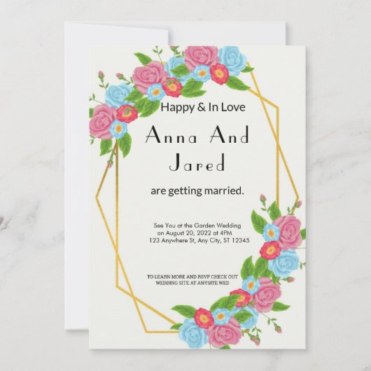 ピンクとブルーの庭園の結婚式招待状 招待状 (正面)