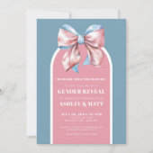ピンクとブルーの弓の性別の表示パーティー 招待状 (正面)