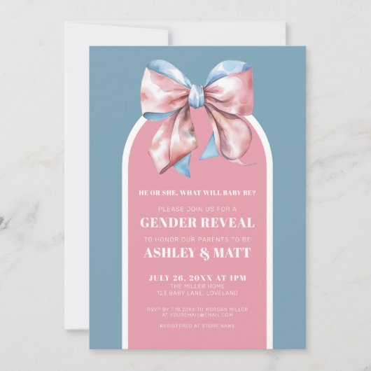 ピンクとブルーの弓の性別の表示パーティー 招待状 (正面)