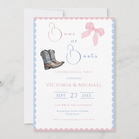ピンクとブルーの弓またはブーツ性別リビール 招待状 (正面)