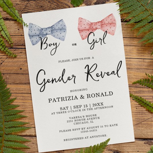 ピンクとブルーの弓ジェンダーの表示パーティー 招待状