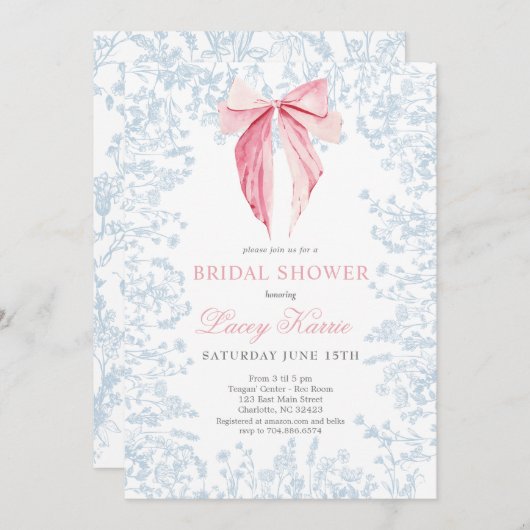 ピンクとブルーの弓ブライダルシャワーの招待状 招待状 (正面/裏面)