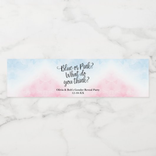 ピンクとブルーの性別がスクリプトの赤ちゃんシャワーを明らかにする ペットボトルラベル (シングルラベル)