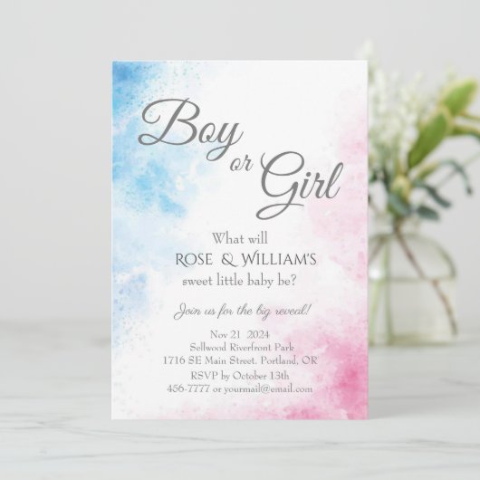 ピンクとブルーの性別がパーティーの少年または少女を明らかにする 招待状 (スタンド正面)