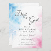 ピンクとブルーの性別がパーティーの少年または少女を明らかにする 招待状 (正面/裏面)