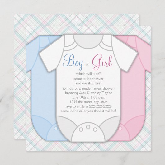 ピンクとブルーの性別が赤ちゃんシャワーを明らかにする 招待状 (正面/裏面)