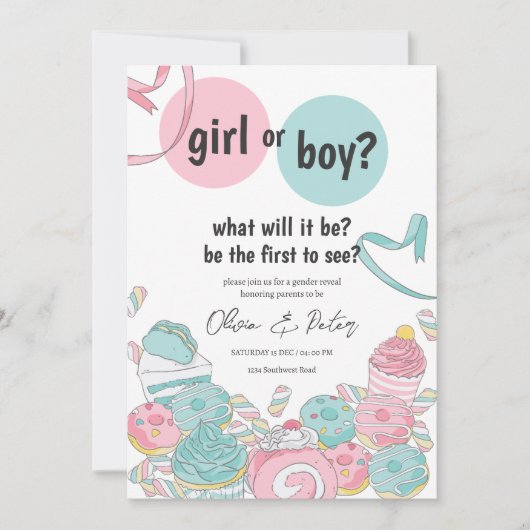 ピンクとブルーの性別のリビール、男の子または女の子の性別 招待状 (正面)