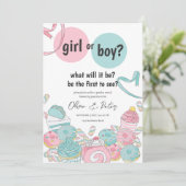 ピンクとブルーの性別のリビール、男の子または女の子の性別 招待状 (スタンド正面)