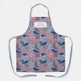 ピンクとブルーの手描きフローラブロックプリント エプロン