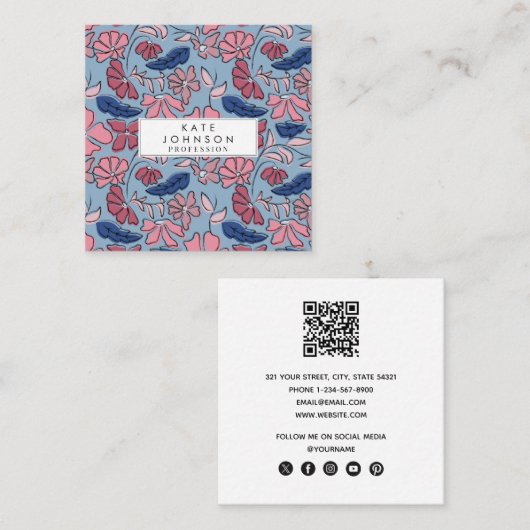 ピンクとブルーの手描きフローラブロックプリント スクエア名刺 (正面/裏面)
