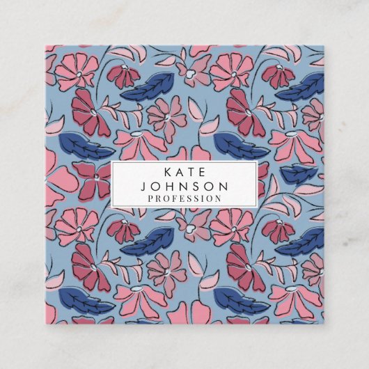 ピンクとブルーの手描きフローラブロックプリント スクエア名刺 (正面)
