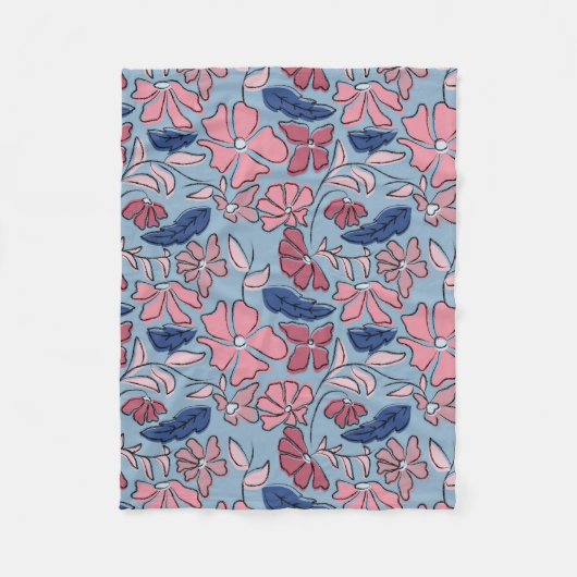 ピンクとブルーの手描きフローラブロックプリント フリースブランケット (正面)