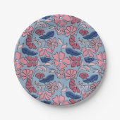 ピンクとブルーの手描きフローラブロックプリント ペーパープレート (正面)