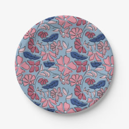 ピンクとブルーの手描きフローラブロックプリント ペーパープレート