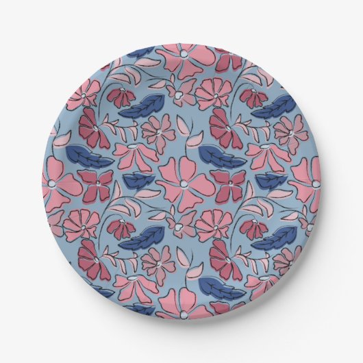 ピンクとブルーの手描きフローラブロックプリント ペーパープレート (正面)