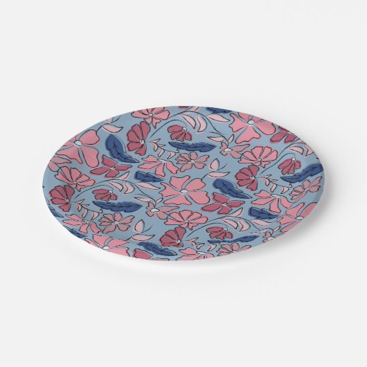 ピンクとブルーの手描きフローラブロックプリント ペーパープレート (アングル)