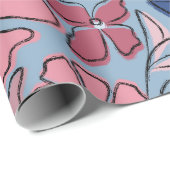 ピンクとブルーの手描きフローラブロックプリント ラッピングペーパー (ロールコーナー)