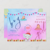 ピンクとブルーの抽象芸術性別リビール招待状 インビテーションポストカード (正面/裏面)