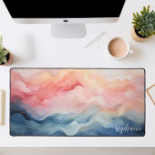 ピンクとブルーの抽象芸術波パーソナライズされた デスクマット