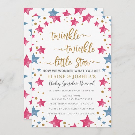 ピンクとブルーの星ジェンダーが赤ちゃんのシャワーを明らかにする 招待状 (正面/裏面)