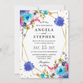 ピンクとブルーの春の花の金ゴールド結婚フレーム 招待状 (正面)