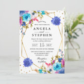 ピンクとブルーの春の花の金ゴールド結婚フレーム 招待状 (スタンド正面)