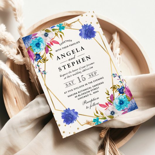 ピンクとブルーの春の花の金ゴールド結婚フレーム 招待状