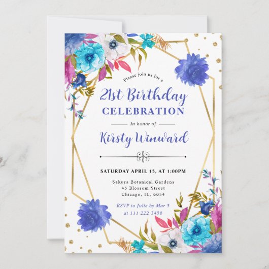 ピンクとブルーの春の花フレーム誕生日 招待状 (正面)